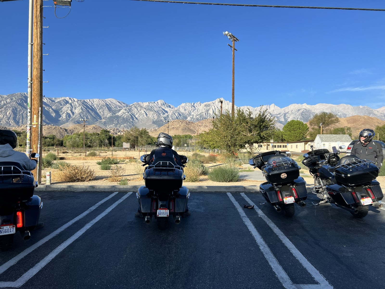 The motorcycles at our McDonald’s stop at the south end of Lone Pine, with Mount Whitney in the background.